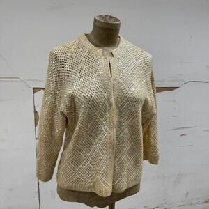 50s 60s Vintage De Vahni Sequined & Beaded Cream Pearlescent Wool Cardigan